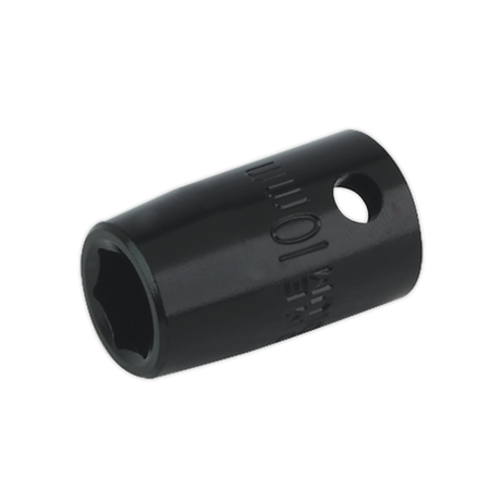 Image of a Sealey Impact Socket 10mm 3/8"Sq Drive (IS3810) with a hexagonal opening and side hole, ideal for tightening or loosening nuts and bolts. Suitable for use with air impact wrenches.