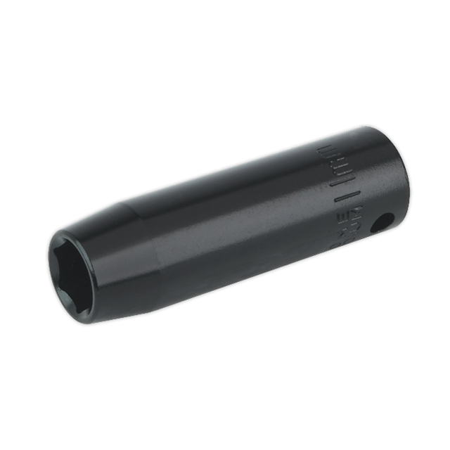 The Sealey Impact Socket 11mm Deep 3/8"Sq Drive - IS3811D is a black, cylindrical deep socket featuring a hexagonal interior, crafted from durable Chrome Vanadium and marked with measurements on its side, making it ideal for use with air impact wrenches.