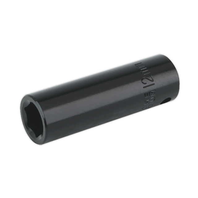 The Sealey Impact Socket 12mm Deep 3/8"Sq Drive - IS3812D is a six-point tool made from durable chrome vanadium black metal, perfect for tightening or loosening nuts and bolts and ideal for any Premier Hand Tools collection.