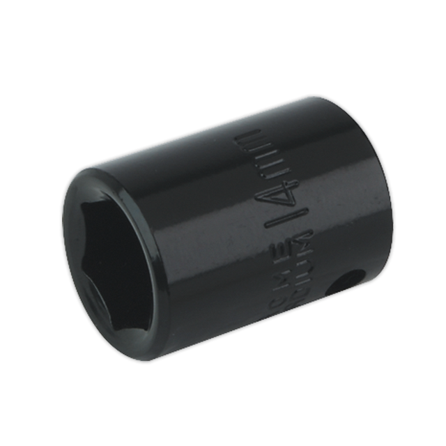 Close-up of a 14mm black six-point Impact Socket, perfect for use with air impact wrenches. Crafted by Sealey, this WallDrive IS3814 socket ensures reliable performance and durability.
