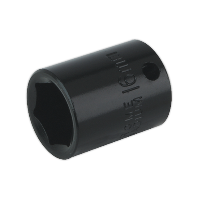 Sealey offers an Impact Socket 16mm 3/8"Sq Drive - IS3816 in black, featuring a knurled exterior, hole for retaining pin, and socket size marked on the side. Ideal for use with air impact wrenches, this durable socket ensures precision and efficiency in your projects.