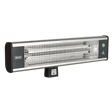 The High Efficiency Carbon Fibre Infrared Wall Heater 1800W/230V - IWMH1809R by Sealey features a metallic grill and control buttons underneath. The brand name "Sealey" is clearly visible on the left side. This IP65 rated industrial heater is designed for both indoor and outdoor use, providing durability and reliability in various environments.