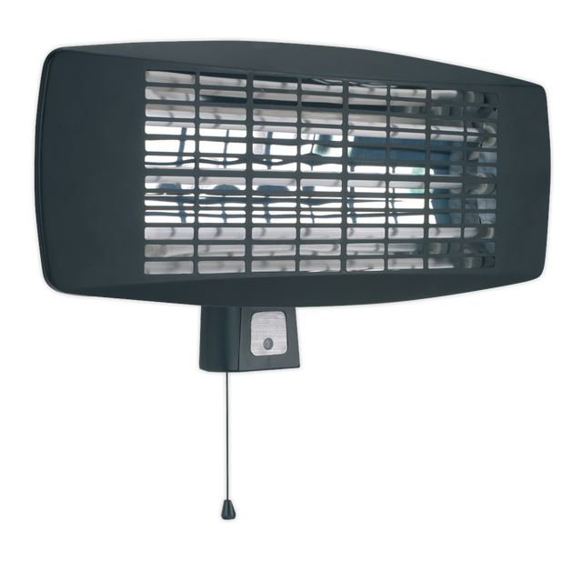 The Sealey Infrared Quartz Heater - Wall Mounting 2000W/230V (IWMH2003) features a protective grille and a convenient pull cord switch, designed for maximum heat efficiency.