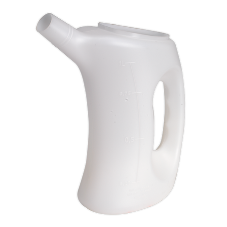 The Sealey Measuring Jug with Rigid Spout 1L – J1 is a white polyethylene male urinal featuring an ergonomic design, a fixed spout, and volume measurements on the side.