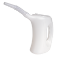 The Sealey Measuring Jug with Flexible Spout 2L - J2F is a white polyethylene container designed for dispensing oil, featuring a flexible spout, an ergonomic design, and a side handle for easy pouring.