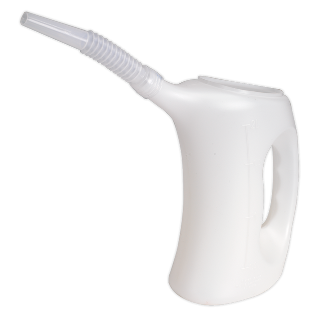 The Sealey Measuring Jug with Flexible Spout 2L - J2F is a white polyethylene container designed for dispensing oil, featuring a flexible spout, an ergonomic design, and a side handle for easy pouring.