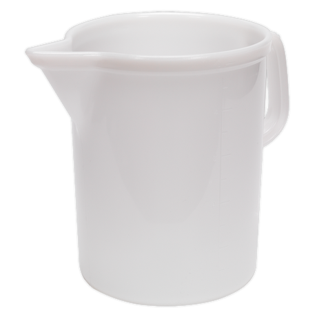 A Sealey Measuring Jug 5L - J5E, an opaque polythene jug with a handle and spout, featuring 500ml graduations.