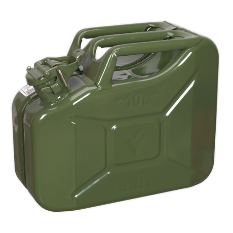 Introducing the Sealey Jerry Can 10L - Green - JC10G, featuring a fuel-resistant lining, a secure locking cap, and a convenient handle for easy transport.
