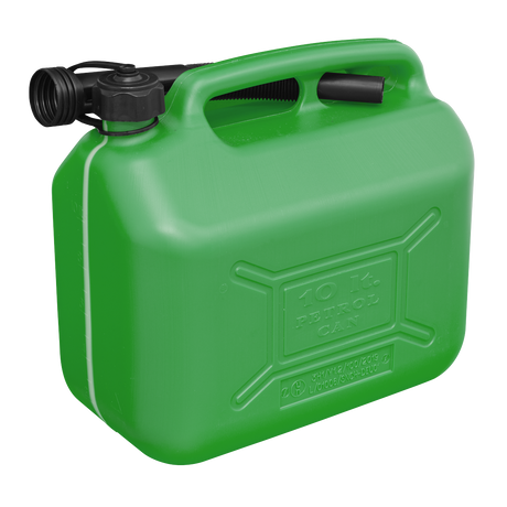 The Sealey Fuel Can 10L - Green - JC10PG is a high-quality plastic fuel can equipped with a handle and a flexible spout, complete with a safety screw lock cap for secure storage and transportation of fuel.
