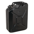A Sealey Jerry Can 20L - Black - JC20B, designed for safe fuel storage and transportation, featuring a handle and spout. This jerry can is equipped with a fuel-resistant lining for added durability.