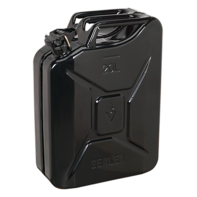 A Sealey Jerry Can 20L - Black - JC20B, designed for safe fuel storage and transportation, featuring a handle and spout. This jerry can is equipped with a fuel-resistant lining for added durability.