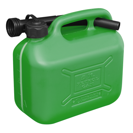 This Sealey Fuel Can 5L - Green - JC5G features a flexible spout and a safety screw lock cap attached to the top.