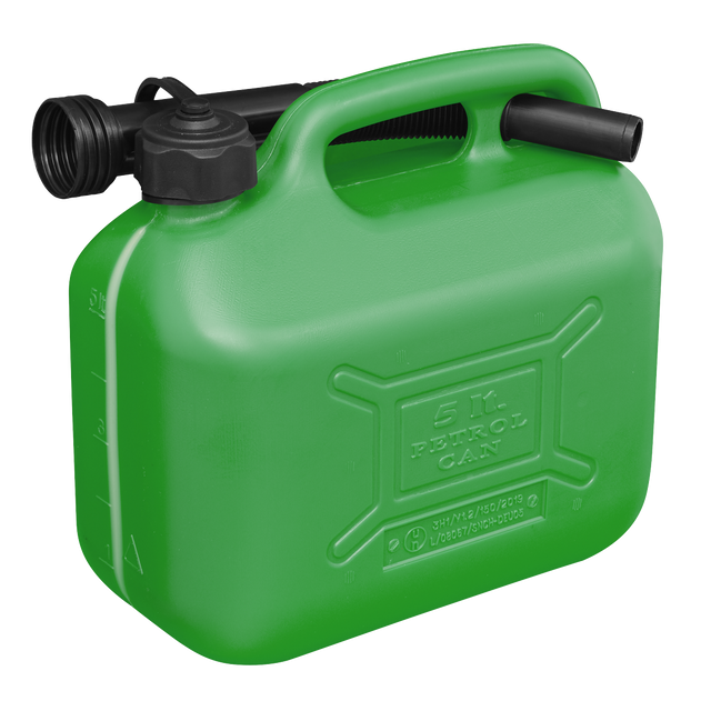This Sealey Fuel Can 5L - Green - JC5G features a flexible spout and a safety screw lock cap attached to the top.