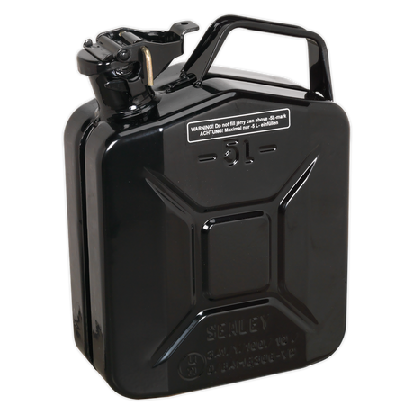 The Sealey Jerry Can 5L - Black - JC5MB features a secure cap, fuel-resistant lining, and a warning label on the front.