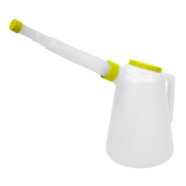 The Sealey Oil Container with Lime Lid & Flexible Spout 5L - JDL5L ensures spill prevention with its white polyethylene design and a flexible spout.