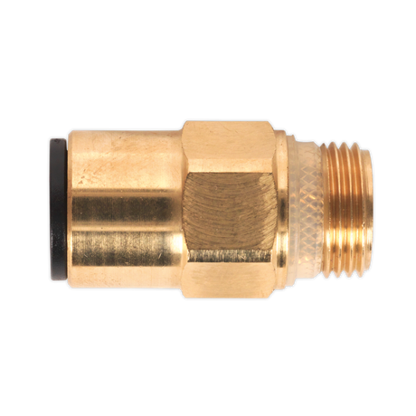 The Brass SuperThread Straight Adaptor by Sealey, sized at 12mm x 3/8"BSP and sold in a pack of 2 (John Guest Speedfit® - RM011213), features one threaded end and one smooth end. It is specifically designed for connecting to plumbing or hydraulic systems and functions seamlessly as a Speedfit® Pneumatic Coupling.