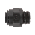 A Sealey Straight Adaptor, 10mm x 1/4"BSP (John Guest Speedfit® - PM011012E) JGC1014, black plastic threaded pipe fitting with a hexagonal middle section. Pack of 5.