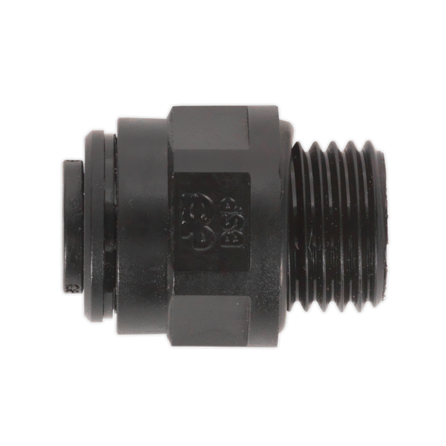 A Sealey Straight Adaptor, 10mm x 1/4"BSP (John Guest Speedfit® - PM011012E) JGC1014, black plastic threaded pipe fitting with a hexagonal middle section. Pack of 5.