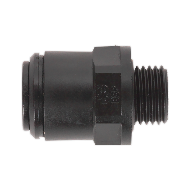 The Sealey Straight Adaptor 6mm x 1/4"BSP (John Guest Speedfit® - PM010612E) Pack of 5, model JGC614, is a black threaded plastic fitting with hexagonal and cylindrical sections designed for connecting two pipes in a plumbing system. It offers compatibility with Metric to Imperial thread couplings.