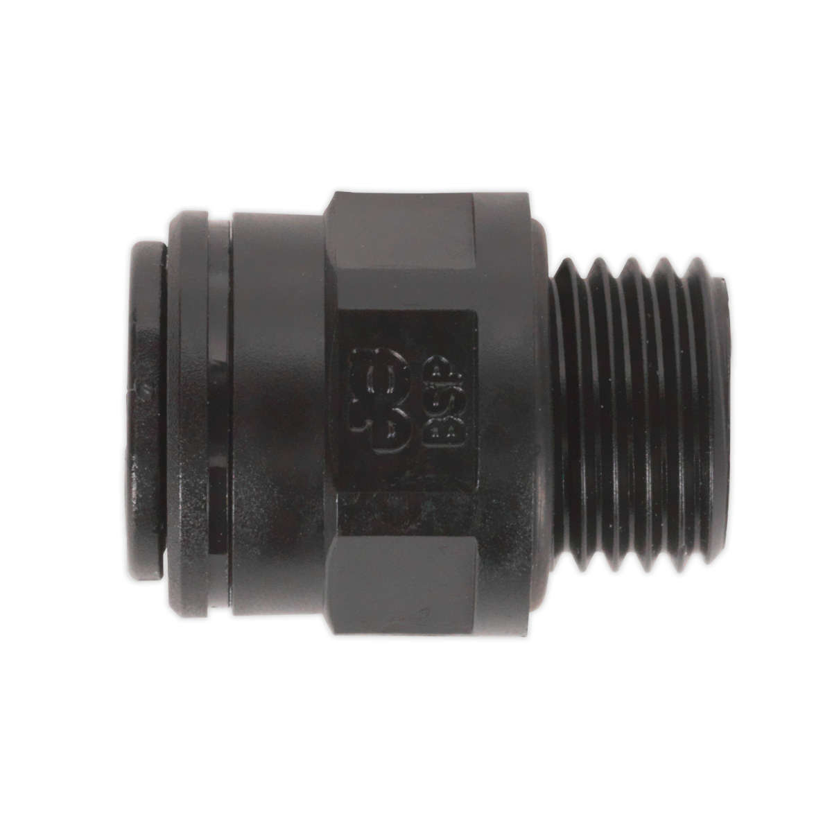 The Sealey Straight Adaptor 8mm x 1/4"BSP (Pack of 5), model JGC814 (John Guest Speedfit® - PM010812E), is a black plastic conduit fitting featuring a threaded end and a ribbed cylindrical section.
