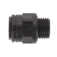 The Sealey Straight Adaptor 8mm x 1/4"BSP (Pack of 5), model JGC814 (John Guest Speedfit® - PM010812E), is a black plastic conduit fitting featuring a threaded end and a ribbed cylindrical section.