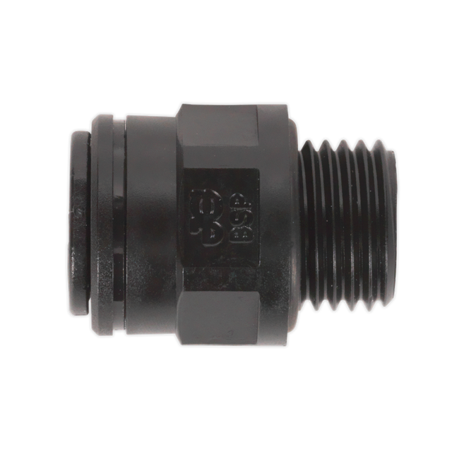 The Sealey Straight Adaptor 8mm x 1/4"BSP (Pack of 5), model JGC814 (John Guest Speedfit® - PM010812E), is a black plastic conduit fitting featuring a threaded end and a ribbed cylindrical section.