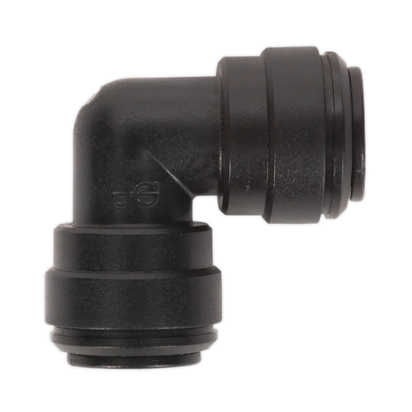 A high-quality black plastic elbow coupling (John Guest Speedfit® - PM0310E) in a 90-degree design with 10mm push-fit ends on both sides, compatible with the Speedfit® Pneumatic Coupling System, available in a pack of 5 from Sealey (JGCE10).