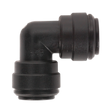 A high-quality black plastic elbow coupling (John Guest Speedfit® - PM0310E) in a 90-degree design with 10mm push-fit ends on both sides, compatible with the Speedfit® Pneumatic Coupling System, available in a pack of 5 from Sealey (JGCE10).