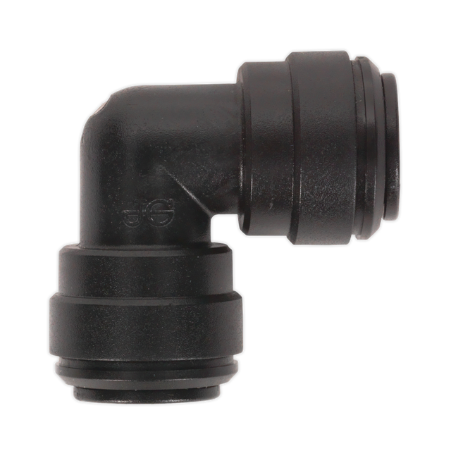 A high-quality black plastic elbow coupling (John Guest Speedfit® - PM0310E) in a 90-degree design with 10mm push-fit ends on both sides, compatible with the Speedfit® Pneumatic Coupling System, available in a pack of 5 from Sealey (JGCE10).