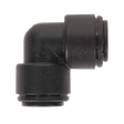 Close-up of a Sealey Elbow Coupling 8mm from a pack of 5 (model JGCE8, John Guest Speedfit® - PM038E), featuring a smooth black plastic surface with two connection points, ideal for use in John Guest Speedfit® systems.