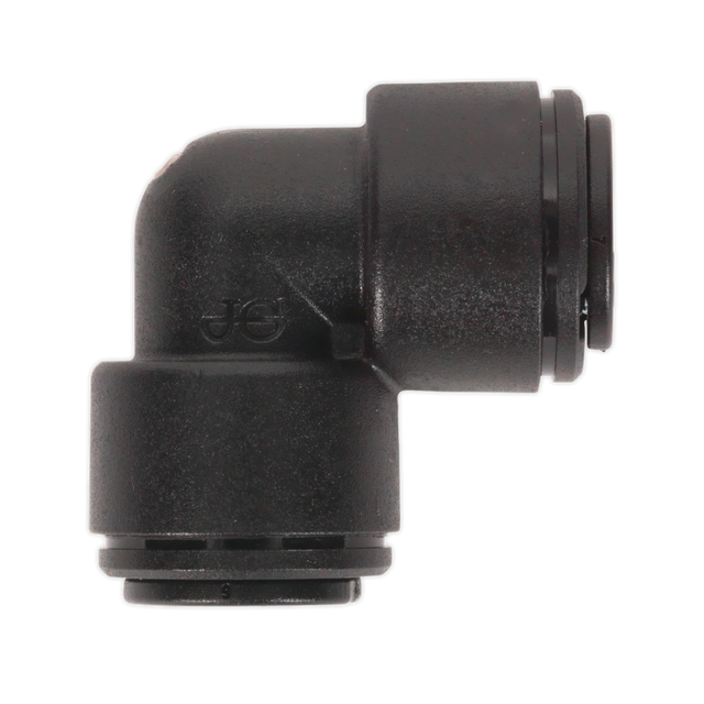 Close-up of a Sealey Elbow Coupling 8mm from a pack of 5 (model JGCE8, John Guest Speedfit® - PM038E), featuring a smooth black plastic surface with two connection points, ideal for use in John Guest Speedfit® systems.
