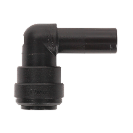 Here's a revised sentence using the given product data:
The Sealey Stem Elbow 12mm (Pack of 5) by John Guest Speedfit® (model PM221212E - JGCET12) is a black plastic elbow pipe connector with a 90-degree angle, perfect for use in pneumatic coupling systems.