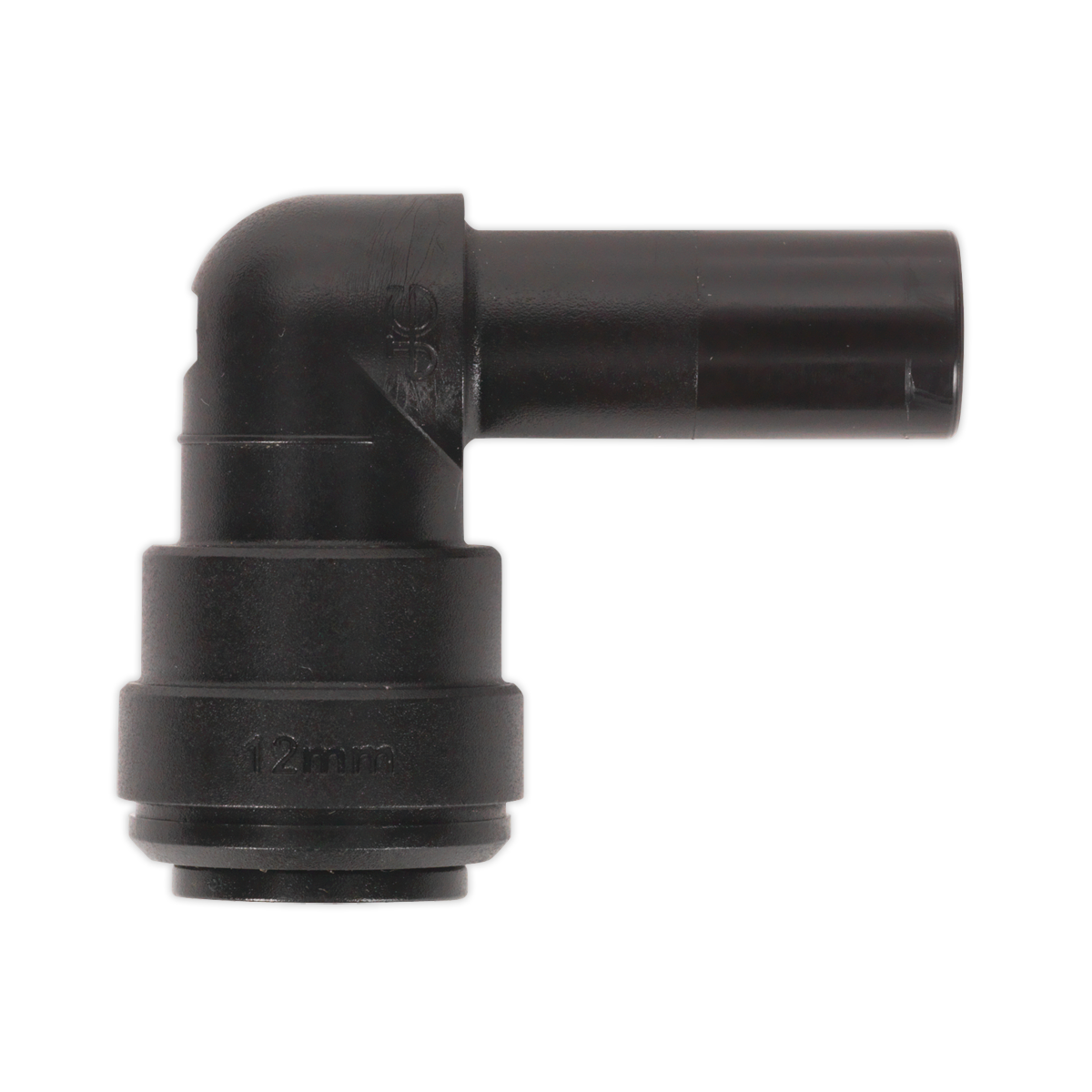 Here's a revised sentence using the given product data:
The Sealey Stem Elbow 12mm (Pack of 5) by John Guest Speedfit® (model PM221212E - JGCET12) is a black plastic elbow pipe connector with a 90-degree angle, perfect for use in pneumatic coupling systems.