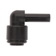 A Sealey black plastic John Guest Speedfit® Stem Elbow 6mm fitting (Pack of 5, PM220606E - JGCET6) featuring a 90-degree angle with cylindrical openings on both ends.