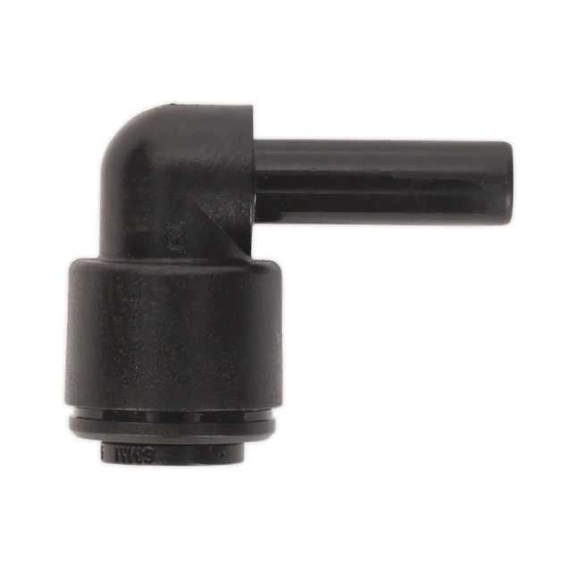 A Sealey black plastic John Guest Speedfit® Stem Elbow 6mm fitting (Pack of 5, PM220606E - JGCET6) featuring a 90-degree angle with cylindrical openings on both ends.