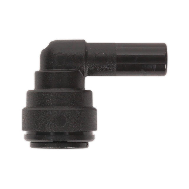 Close-up of a black L-shaped pipe connector with a cylindrical body, resembling the efficient design found in Sealey's John Guest Speedfit® Stem Elbow 8mm Pack of 5 (PM220808E - JGCET8).