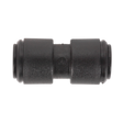 The Sealey Straight Coupling 10mm Pack of 5 (John Guest Speedfit® - PM0410E) - JGCS10 is a black cylindrical pipe connector featuring ridged ends, a smooth central section, and is designed to fit 10mm pipes for streamlined connections.