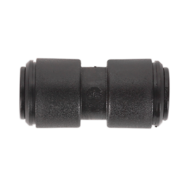 The Sealey Straight Coupling 10mm Pack of 5 (John Guest Speedfit® - PM0410E) - JGCS10 is a black cylindrical pipe connector featuring ridged ends, a smooth central section, and is designed to fit 10mm pipes for streamlined connections.