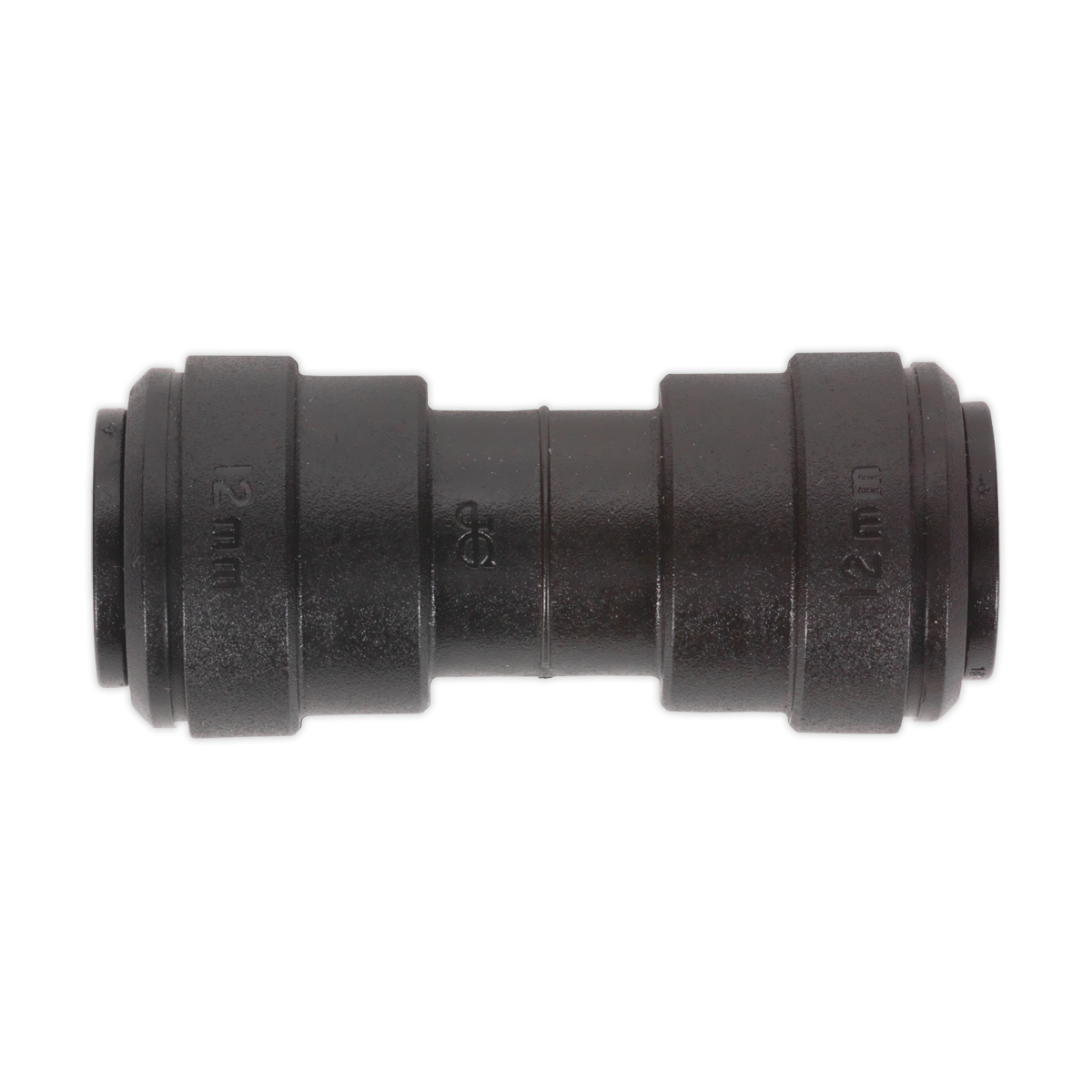 A black plastic Sealey Straight Coupling (John Guest Speedfit® - PM0412E) with a 12 mm diameter on both sides, available in a pack of 5.