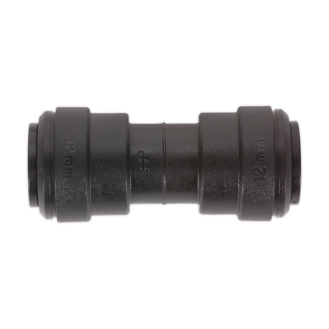 A black plastic Sealey Straight Coupling (John Guest Speedfit® - PM0412E) with a 12 mm diameter on both sides, available in a pack of 5.