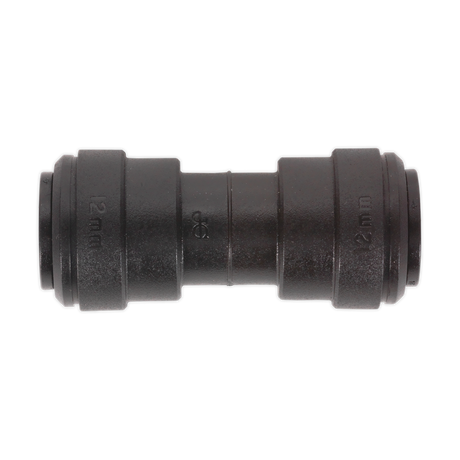 A black plastic Sealey Straight Coupling (John Guest Speedfit® - PM0412E) with a 12 mm diameter on both sides, available in a pack of 5.