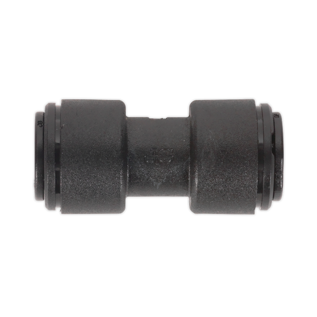 A Sealey John Guest Speedfit® PM0408E straight coupling in black plastic, used for joining two pieces of 8mm tubing or piping, available in a pack of 5 (JGCS8).