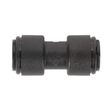 A Sealey John Guest Speedfit® PM0408E straight coupling in black plastic, used for joining two pieces of 8mm tubing or piping, available in a pack of 5 (JGCS8).