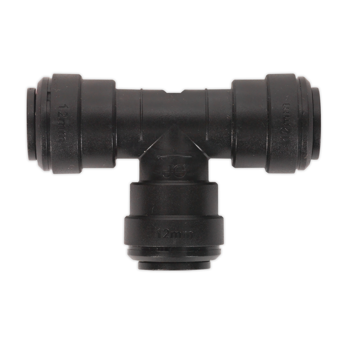 A black plastic Equal Tee 12mm T-fitting, part of a pack of 5 from Sealey (John Guest Speedfit® - PM0212E, JGCT12), with three 12mm connection points, perfect for pneumatic coupling systems.
