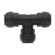 A black plastic Equal Tee 12mm T-fitting, part of a pack of 5 from Sealey (John Guest Speedfit® - PM0212E, JGCT12), with three 12mm connection points, perfect for pneumatic coupling systems.