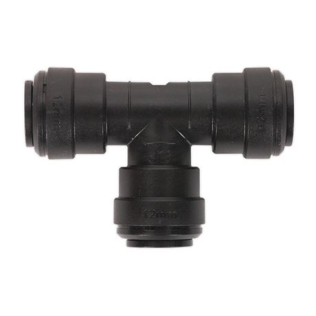 A black plastic Equal Tee 12mm T-fitting, part of a pack of 5 from Sealey (John Guest Speedfit® - PM0212E, JGCT12), with three 12mm connection points, perfect for pneumatic coupling systems.