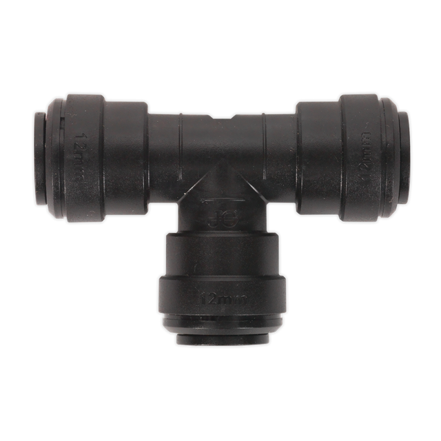 A black plastic Equal Tee 12mm T-fitting, part of a pack of 5 from Sealey (John Guest Speedfit® - PM0212E, JGCT12), with three 12mm connection points, perfect for pneumatic coupling systems.