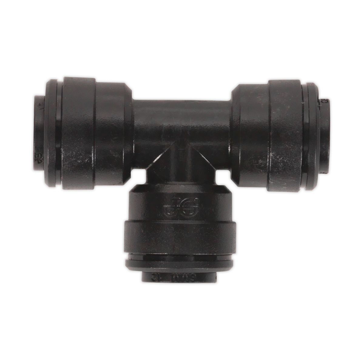 The Sealey Equal Tee 6mm pack of 5 (John Guest Speedfit® - PM0606E, JGCT6) is a black plastic T-shaped push-to-connect fitting with three ports for connecting air or fluid lines, featuring high-quality components ideal for any pneumatic coupling system.