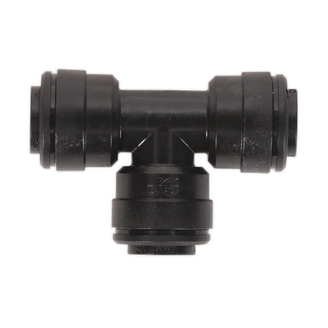 The Sealey Equal Tee 6mm pack of 5 (John Guest Speedfit® - PM0606E, JGCT6) is a black plastic T-shaped push-to-connect fitting with three ports for connecting air or fluid lines, featuring high-quality components ideal for any pneumatic coupling system.