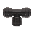 The Sealey Equal Tee 6mm pack of 5 (John Guest Speedfit® - PM0606E, JGCT6) is a black plastic T-shaped push-to-connect fitting with three ports for connecting air or fluid lines, featuring high-quality components ideal for any pneumatic coupling system.